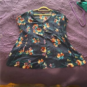 Torrid Blue Floral Blouse with Orange and Teal Accents